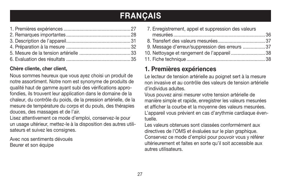 Français, Premières expériences | Beurer BC 58 User Manual | Page 27 / 108