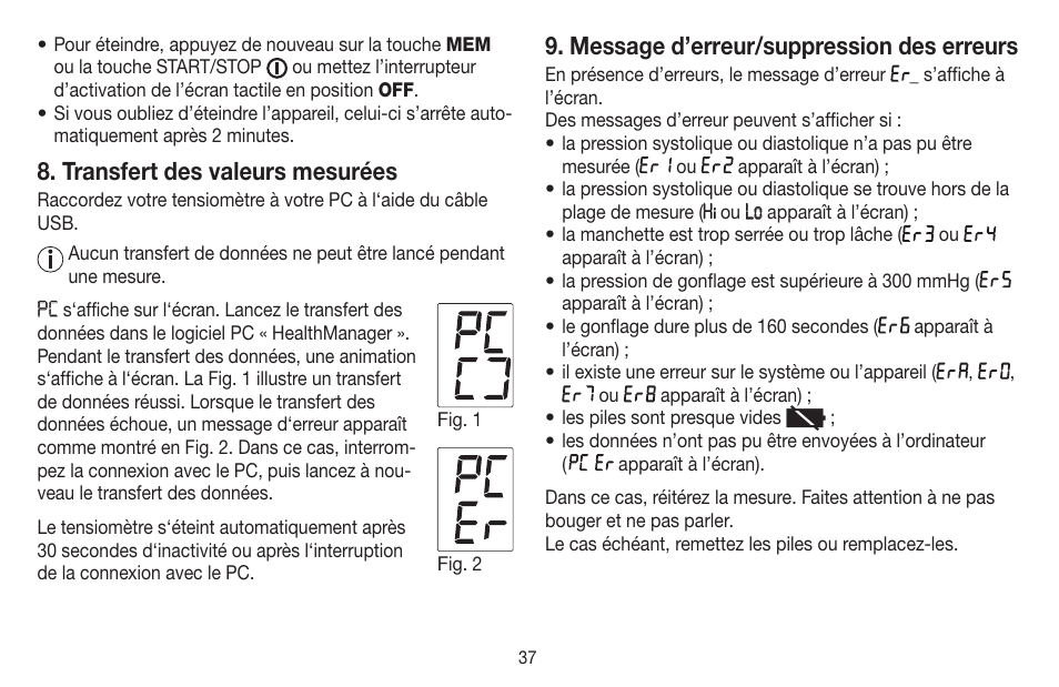 Transfert des valeurs mesurées, Message d’erreur/suppression des erreurs | Beurer BC 58 User Manual | Page 37 / 108