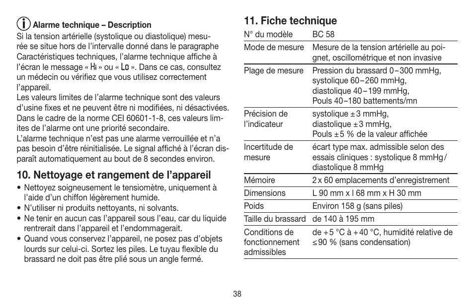 Nettoyage et rangement de l’appareil, Fiche technique | Beurer BC 58 User Manual | Page 38 / 108