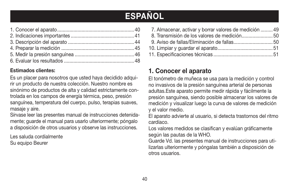 Español, Conocer el aparato | Beurer BC 58 User Manual | Page 40 / 108
