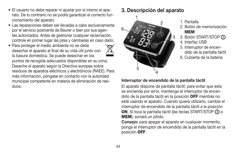 Descripción del aparato | Beurer BC 58 User Manual | Page 44 / 108