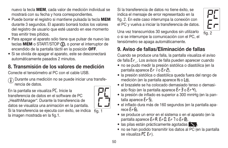 Transmisión de los valores de medición, Aviso de fallas/eliminación de fallas | Beurer BC 58 User Manual | Page 50 / 108