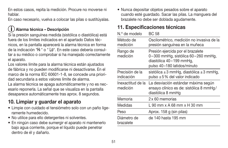 Limpiar y guardar el aparato, Especificaciones técnicas | Beurer BC 58 User Manual | Page 51 / 108