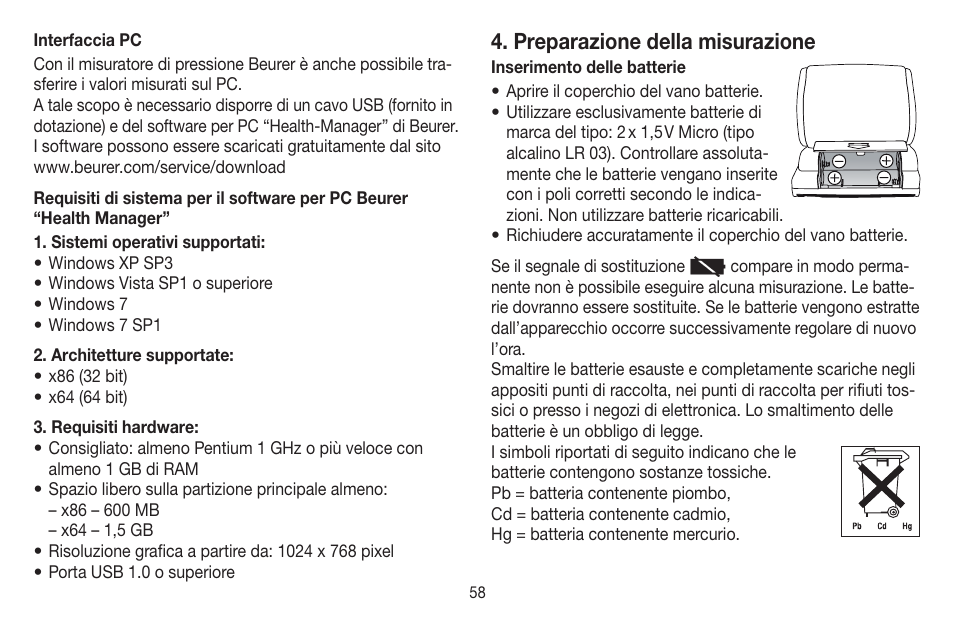 Preparazione della misurazione | Beurer BC 58 User Manual | Page 58 / 108