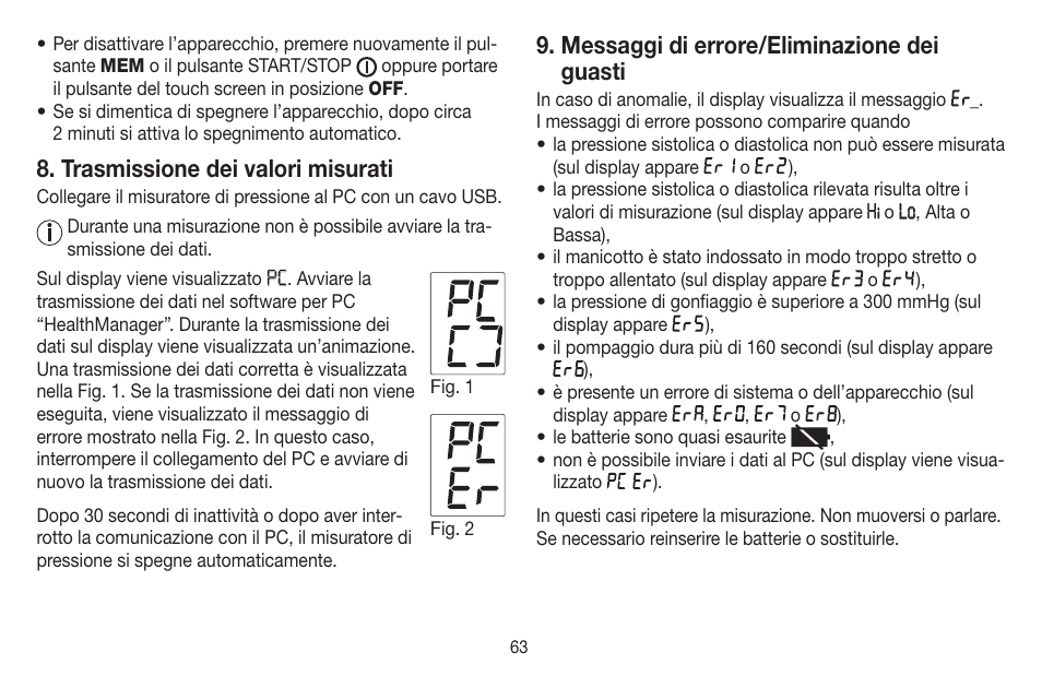 Trasmissione dei valori misurati, Messaggi di errore/eliminazione dei guasti | Beurer BC 58 User Manual | Page 63 / 108