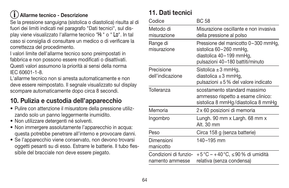 Pulizia e custodia dell’apparecchio, Dati tecnici | Beurer BC 58 User Manual | Page 64 / 108