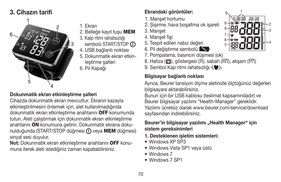 Cihazın tarifi | Beurer BC 58 User Manual | Page 70 / 108