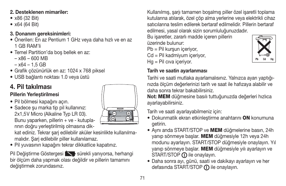 Pil takılması | Beurer BC 58 User Manual | Page 71 / 108