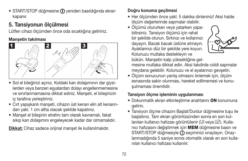 Tansiyonun ölçülmesi | Beurer BC 58 User Manual | Page 72 / 108