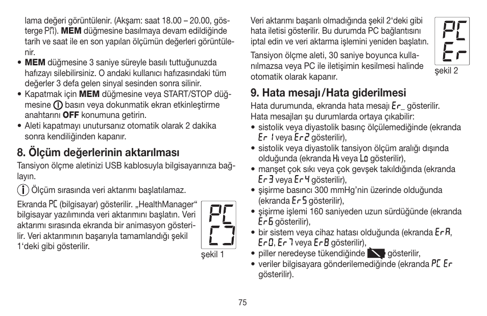 Ölçüm değerlerinin aktarılması, Hata mesajı / hata giderilmesi | Beurer BC 58 User Manual | Page 75 / 108
