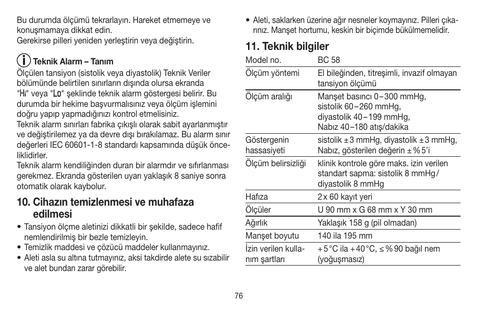 Cihazın temizlenmesi ve muhafaza edilmesi, Teknik bilgiler | Beurer BC 58 User Manual | Page 76 / 108