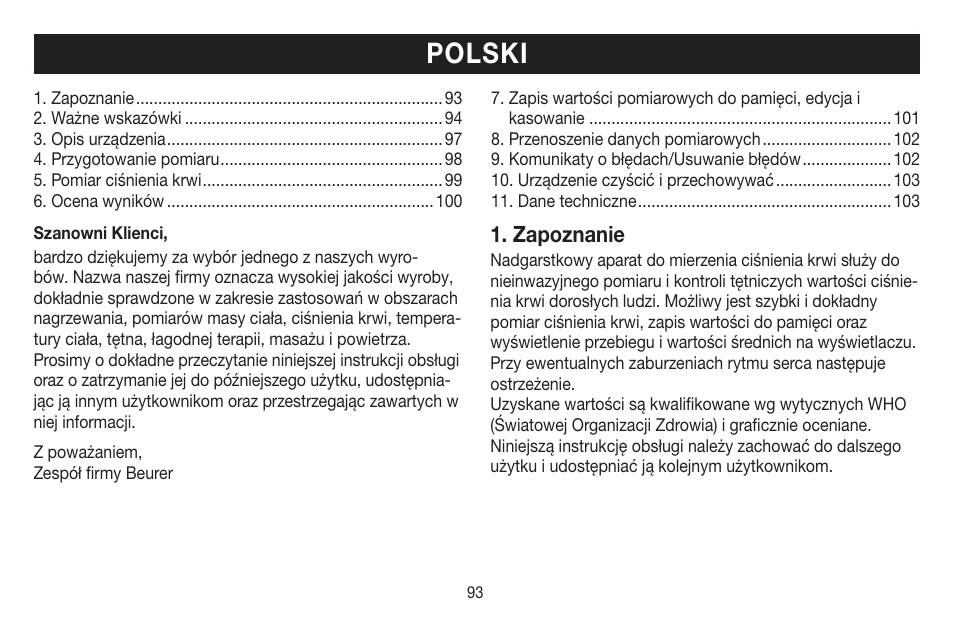 Polski, Zapoznanie | Beurer BC 58 User Manual | Page 93 / 108