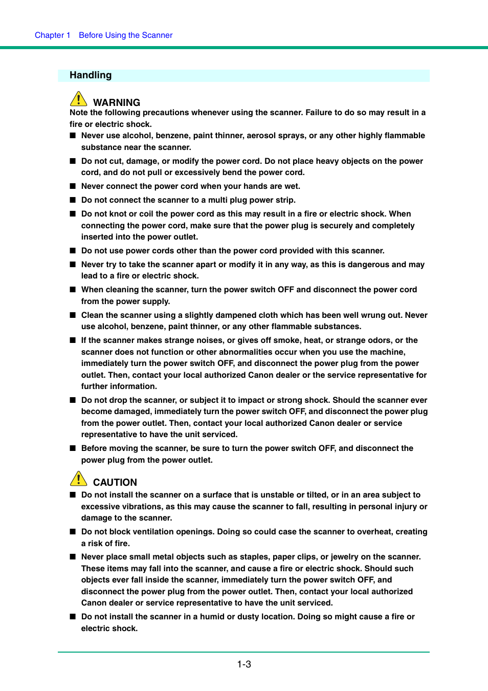 Handling, Handling -3, 3 handling warning | Caution | Canon IMAGE FORMULA DR-6010C User Manual | Page 10 / 142