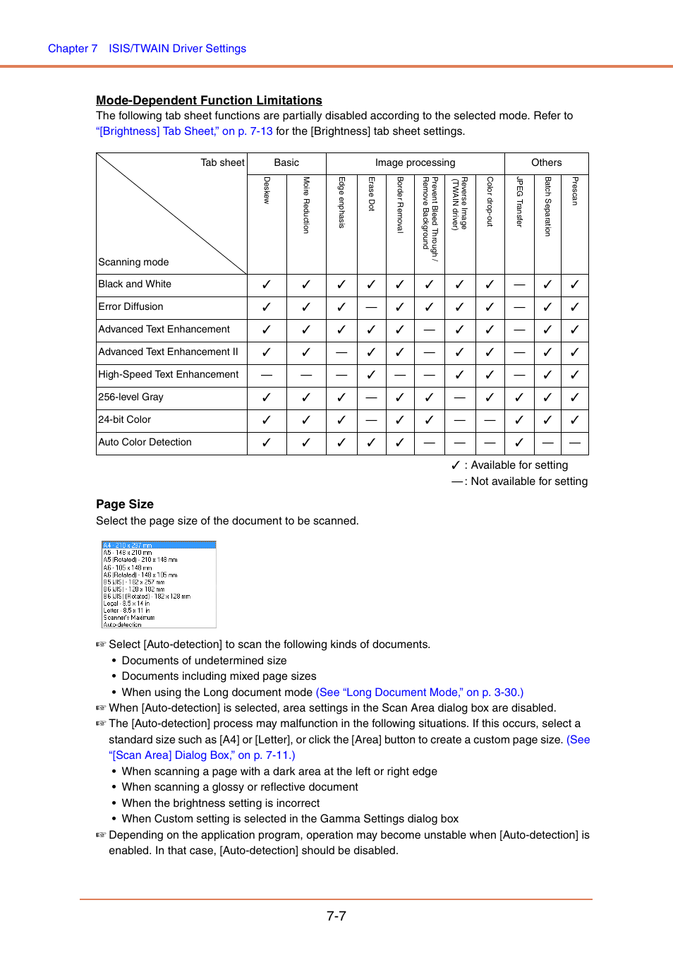 Mode-dependent function limitations, Page size | Canon IMAGE FORMULA DR-6010C User Manual | Page 102 / 142