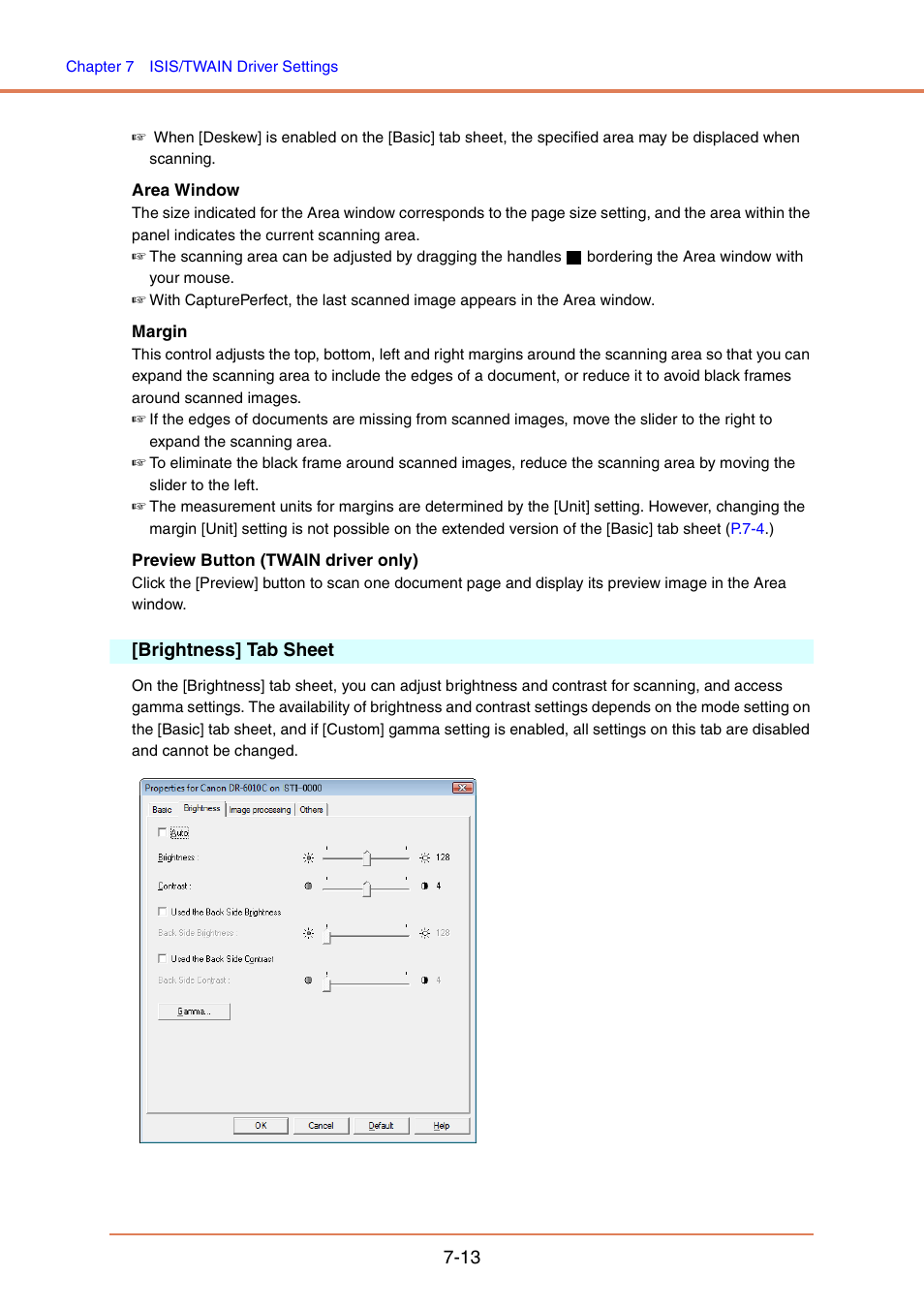 Brightness] tab sheet, Brightness] tab sheet -13, Brightness] tab sheet,” on p. 7-13 | Canon IMAGE FORMULA DR-6010C User Manual | Page 108 / 142