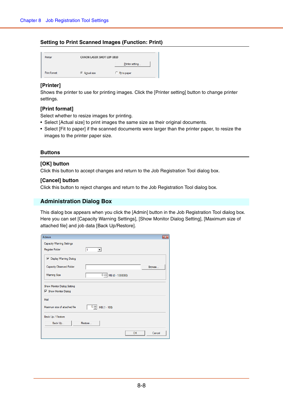 Administration dialog box, Administration dialog box -8, P. 8-8 | Canon IMAGE FORMULA DR-6010C User Manual | Page 132 / 142