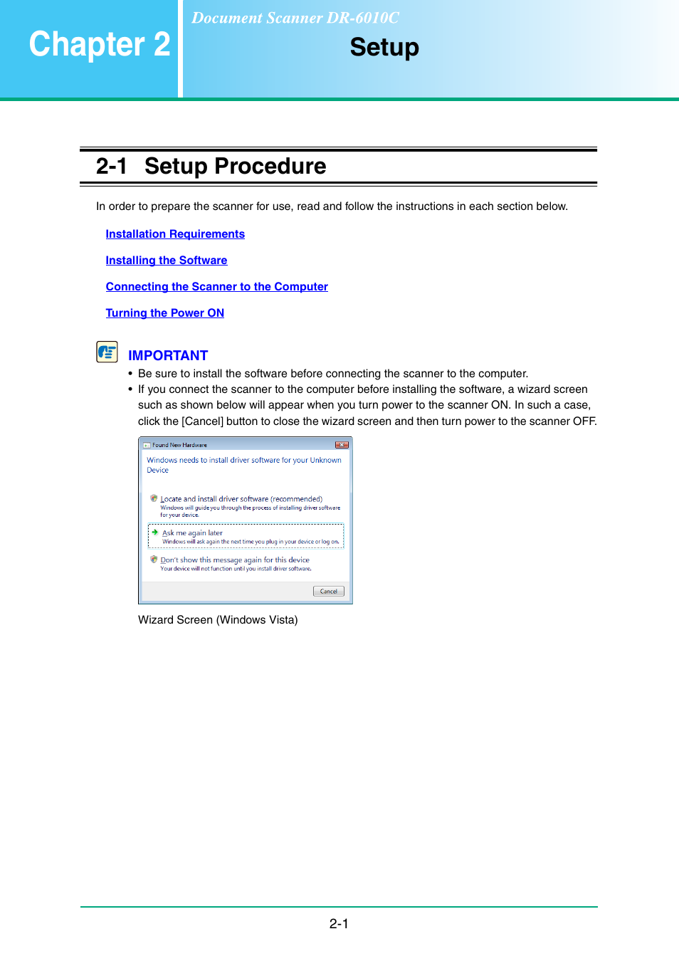 Chapter 2 setup, 1 setup procedure, Chapter2 | Setup -1, Setup procedure -1, Chapter 2, Setup | Canon IMAGE FORMULA DR-6010C User Manual | Page 16 / 142