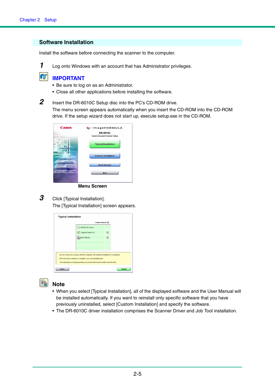 Software installation, Software installation -5 | Canon IMAGE FORMULA DR-6010C User Manual | Page 20 / 142