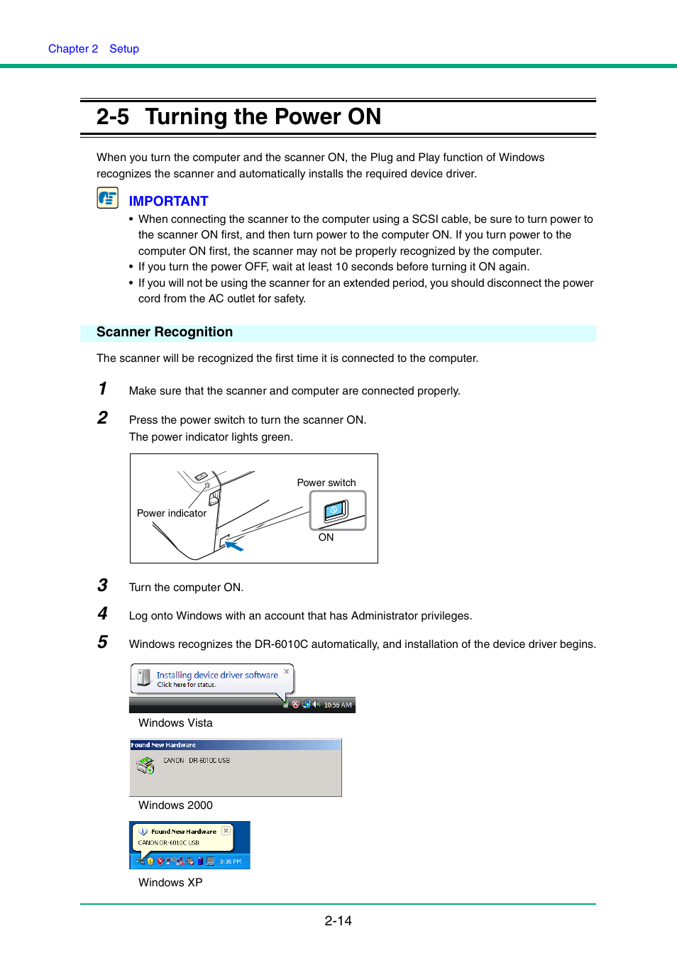 5 turning the power on, Scanner recognition, Turning the power on -14 scanner recognition -14 | See p. 2-14.), Turning the power on | Canon IMAGE FORMULA DR-6010C User Manual | Page 29 / 142