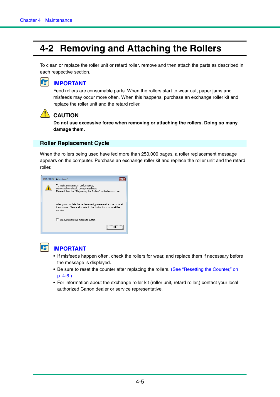 2 removing and attaching the rollers, Roller replacement cycle | Canon IMAGE FORMULA DR-6010C User Manual | Page 69 / 142