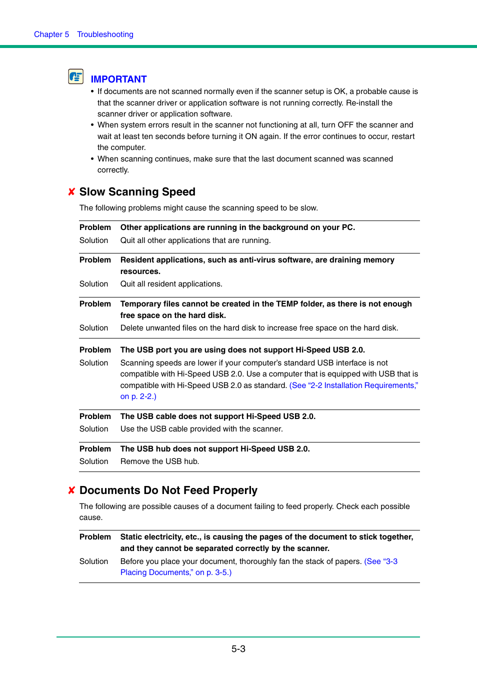 Slow scanning speed, P.5-3, Documents do not feed properly | Canon IMAGE FORMULA DR-6010C User Manual | Page 81 / 142