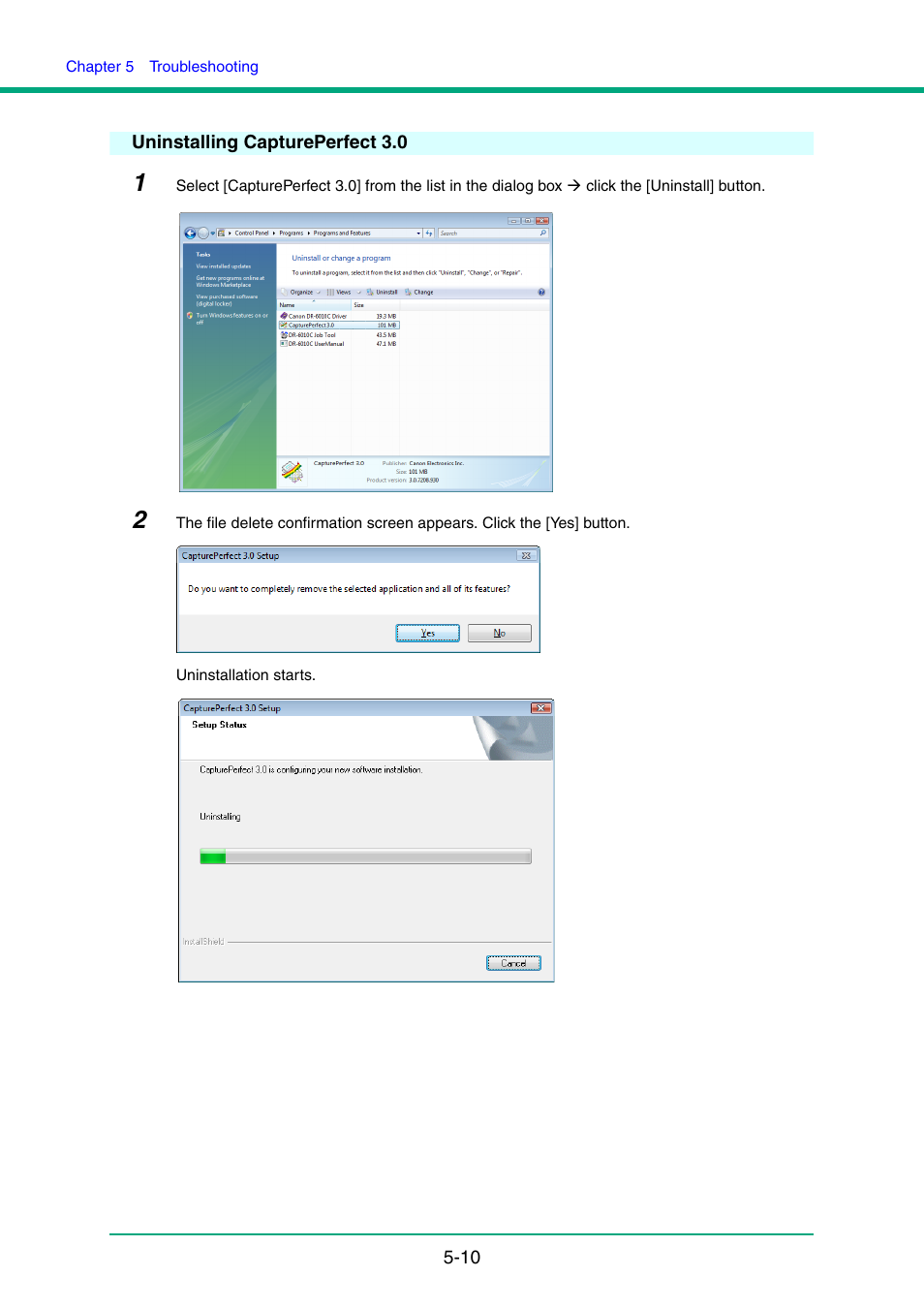 Uninstalling captureperfect 3.0, Uninstalling captureperfect 3.0 -10, Uninstalling captureperfect 3.0,” on p. 5-10 | Canon IMAGE FORMULA DR-6010C User Manual | Page 88 / 142