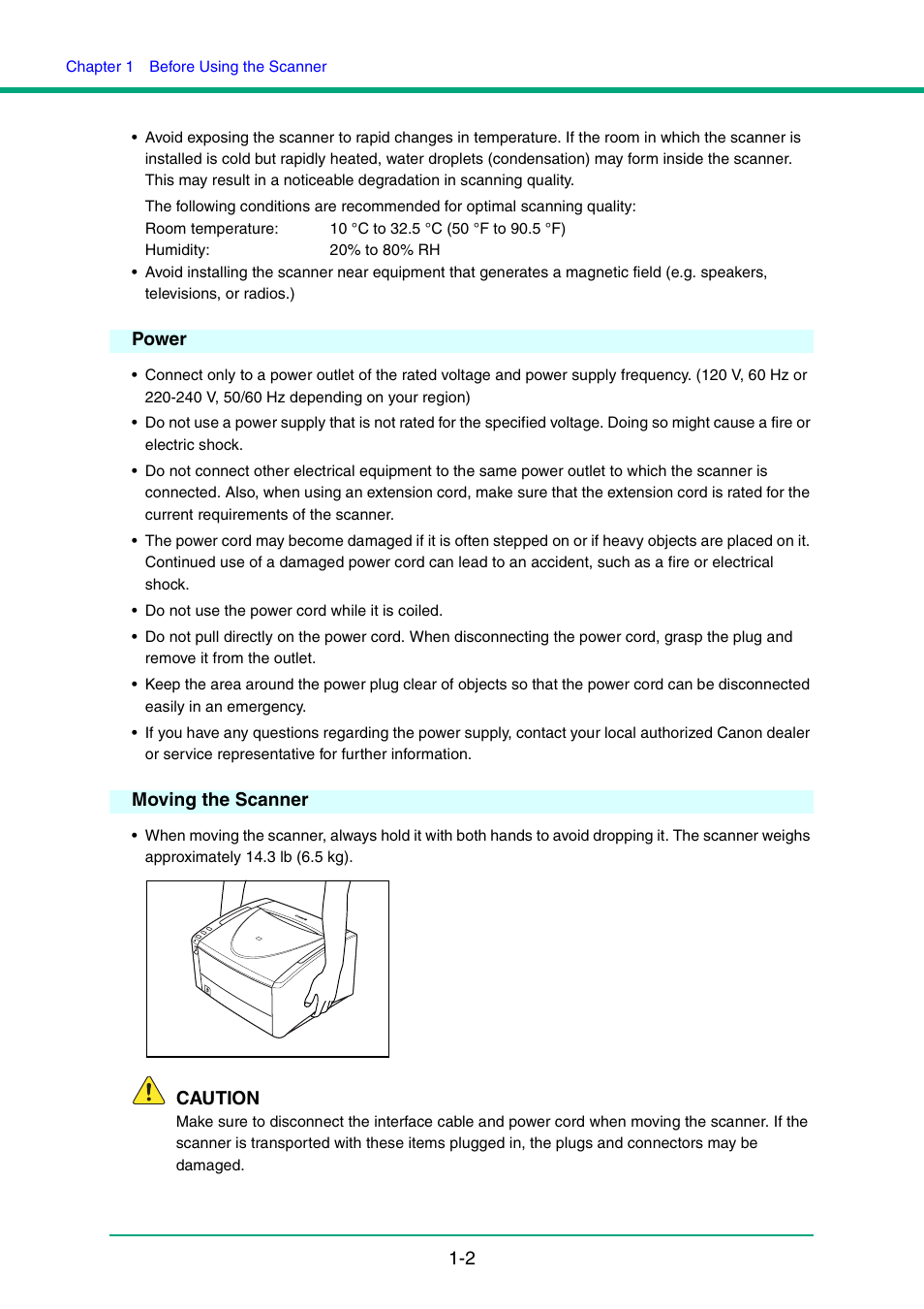Power, Moving the scanner, Power -2 moving the scanner -2 | Caution | Canon IMAGE FORMULA DR-6010C User Manual | Page 9 / 142