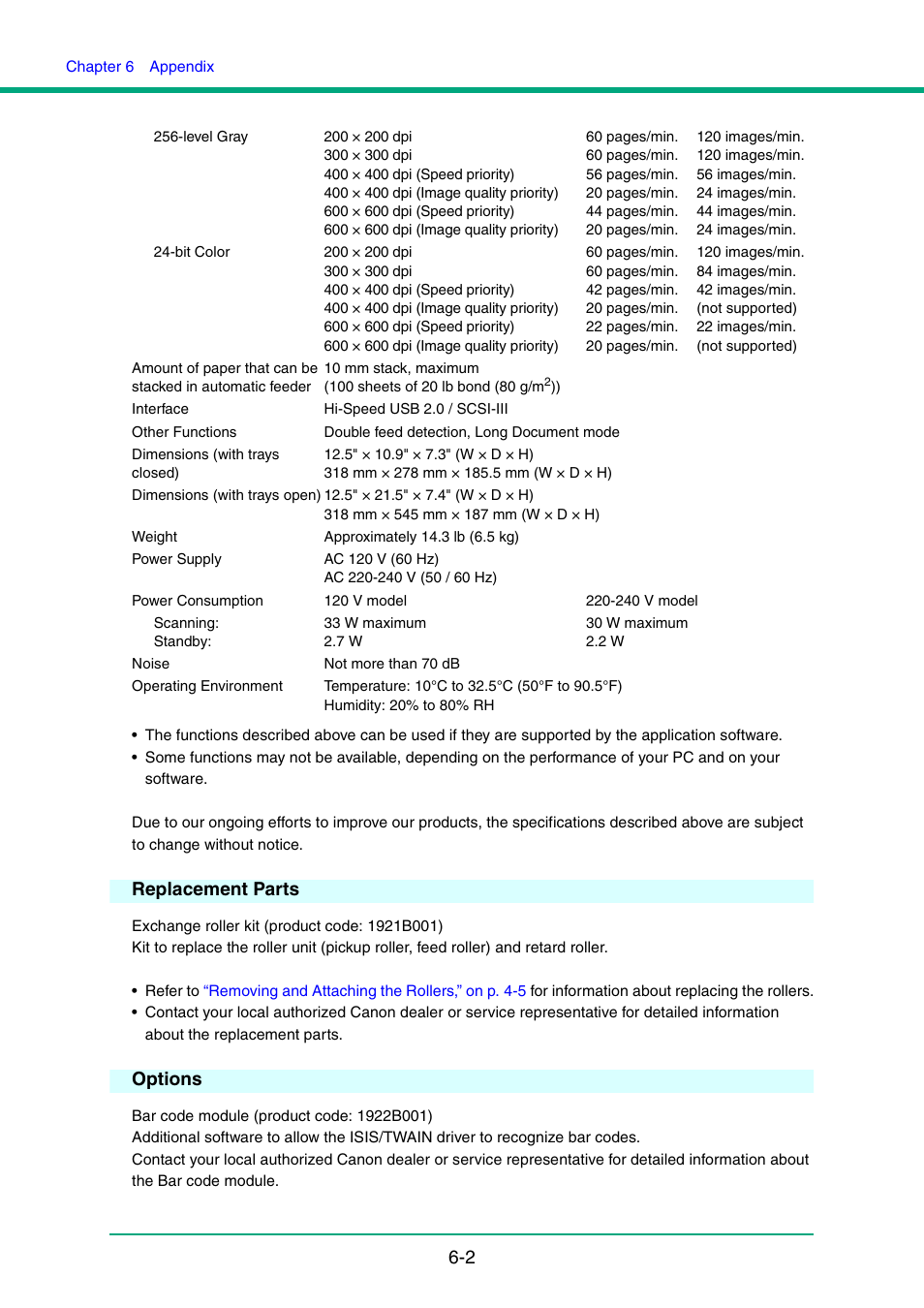 Replacement parts, Options, Replacement parts -2 options -2 | Canon IMAGE FORMULA DR-6010C User Manual | Page 91 / 142