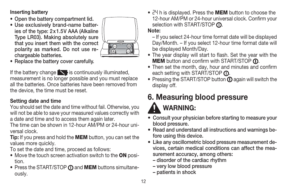 Measuring blood pressure, Warning | Beurer BC 58 User Manual | Page 12 / 56