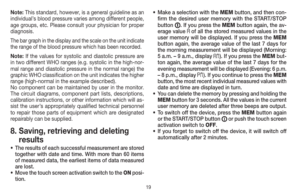 Saving, retrieving and deleting results | Beurer BC 58 User Manual | Page 19 / 56