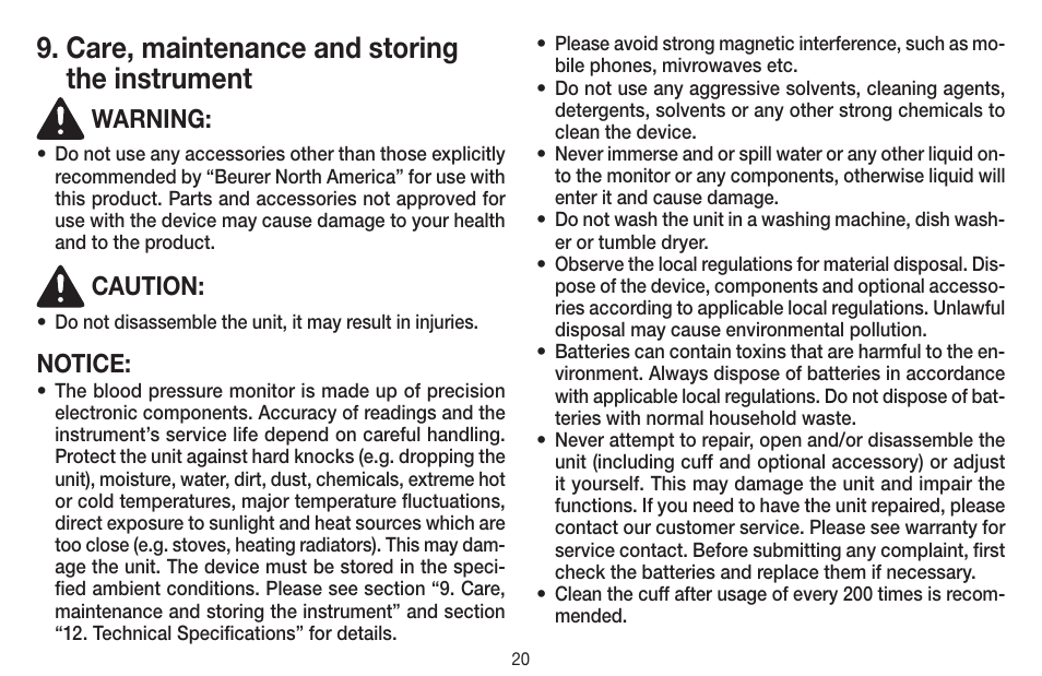 Care, maintenance and storing the instrument | Beurer BC 58 User Manual | Page 20 / 56