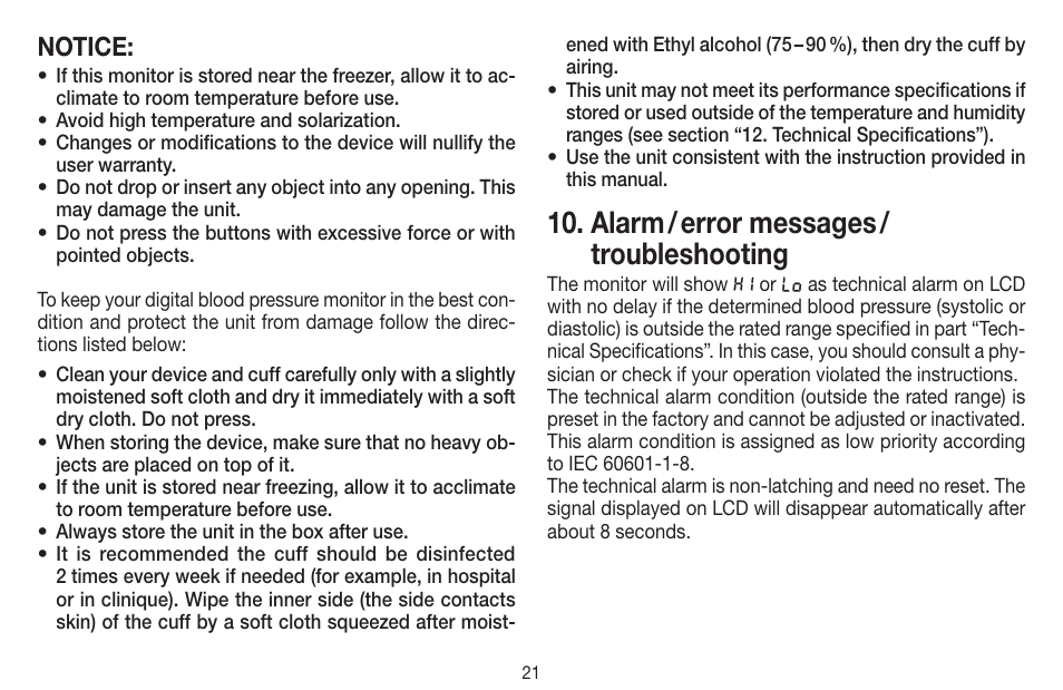 Alarm / error messages / troubleshooting, Notice | Beurer BC 58 User Manual | Page 21 / 56