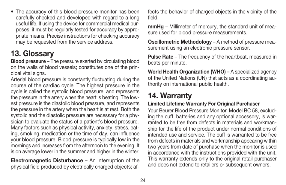 Glossary, Warranty | Beurer BC 58 User Manual | Page 24 / 56