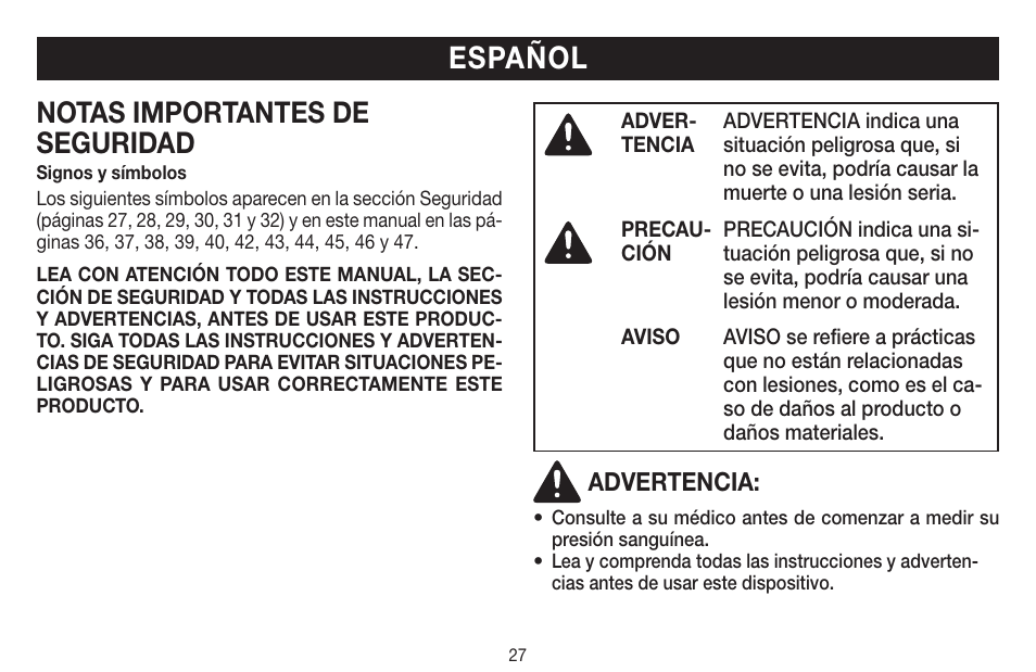 Español, Notas importantes de seguridad | Beurer BC 58 User Manual | Page 27 / 56