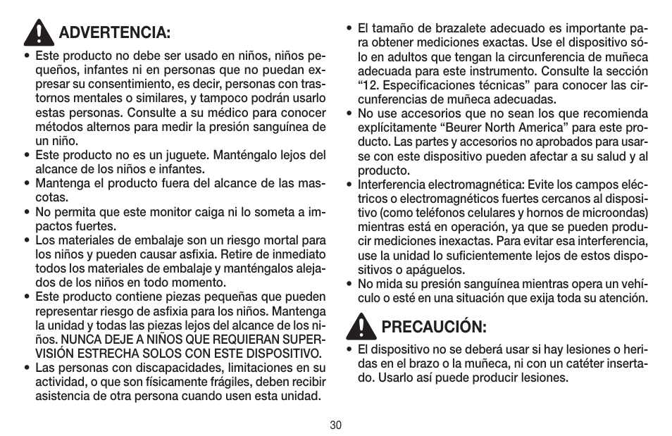 Advertencia, Precaución | Beurer BC 58 User Manual | Page 30 / 56