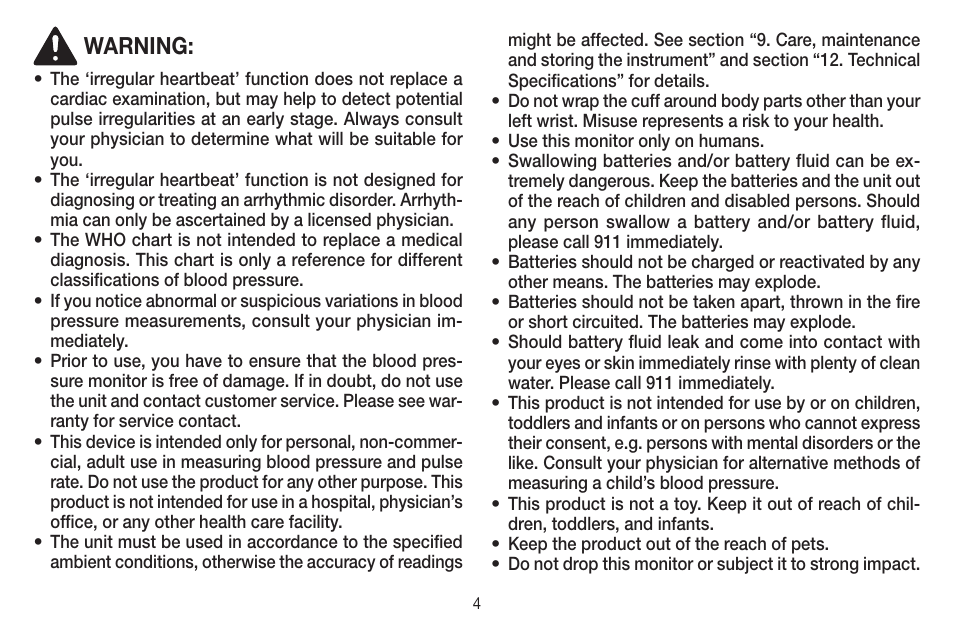 Warning | Beurer BC 58 User Manual | Page 4 / 56