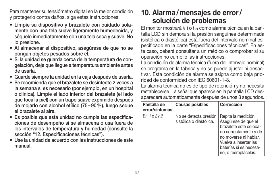 Alarma / mensajes de error / solución de problemas | Beurer BC 58 User Manual | Page 47 / 56