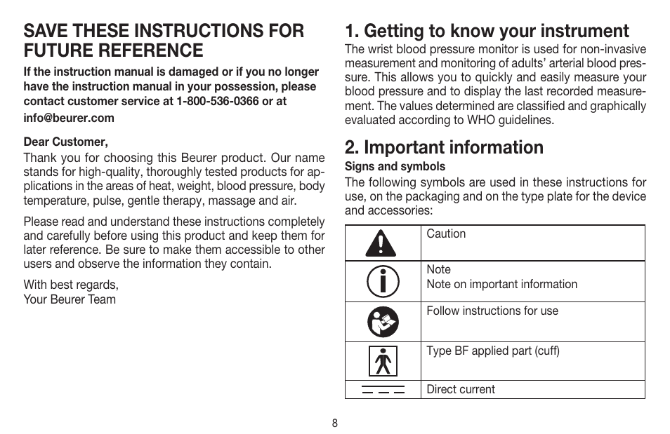 Save these instructions for future reference, Getting to know your instrument, Important information | Beurer BC 58 User Manual | Page 8 / 56