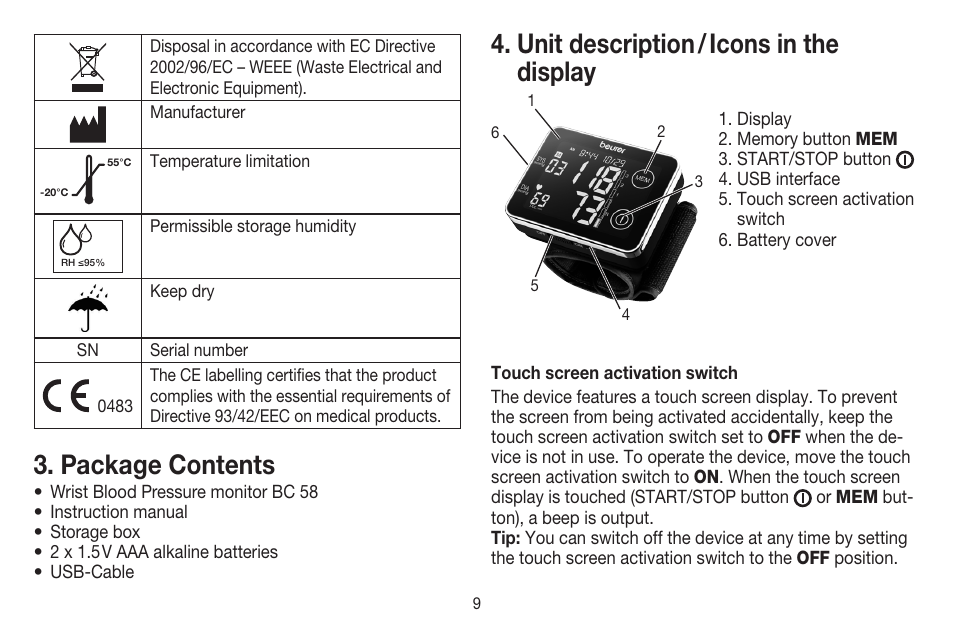 Package contents, Unit description / icons in the display | Beurer BC 58 User Manual | Page 9 / 56