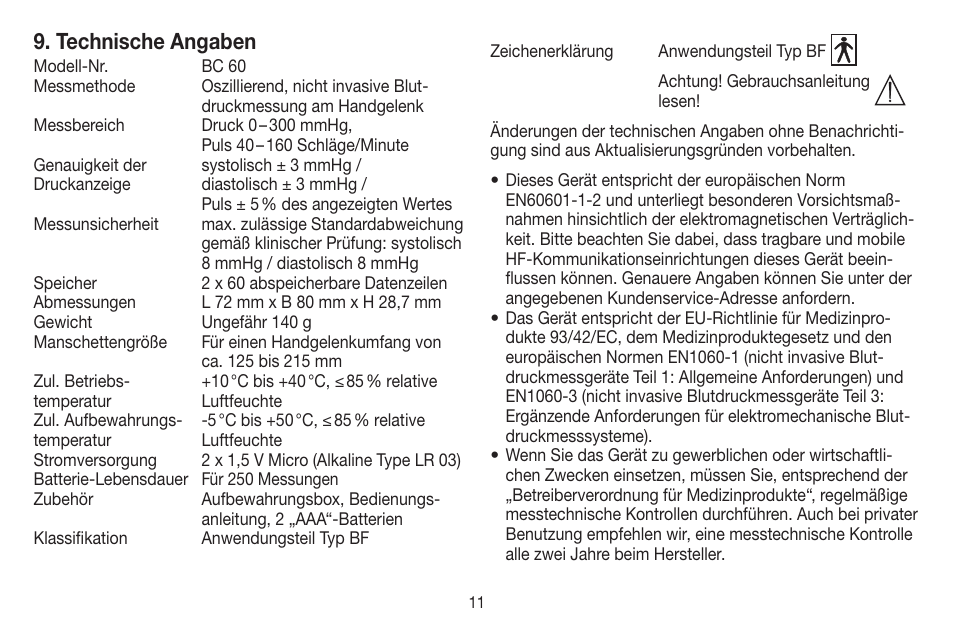 Technische angaben | Beurer BC 60 User Manual | Page 11 / 84