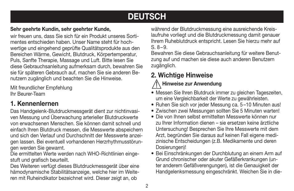 Deutsch, Kennenlernen, Wichtige hinweise | Beurer BC 60 User Manual | Page 2 / 84