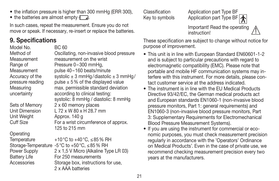 Specifications | Beurer BC 60 User Manual | Page 21 / 84