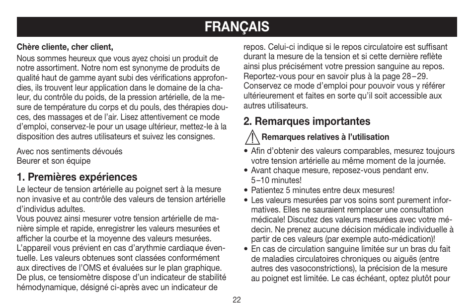 Français, Premières expériences, Remarques importantes | Beurer BC 60 User Manual | Page 22 / 84