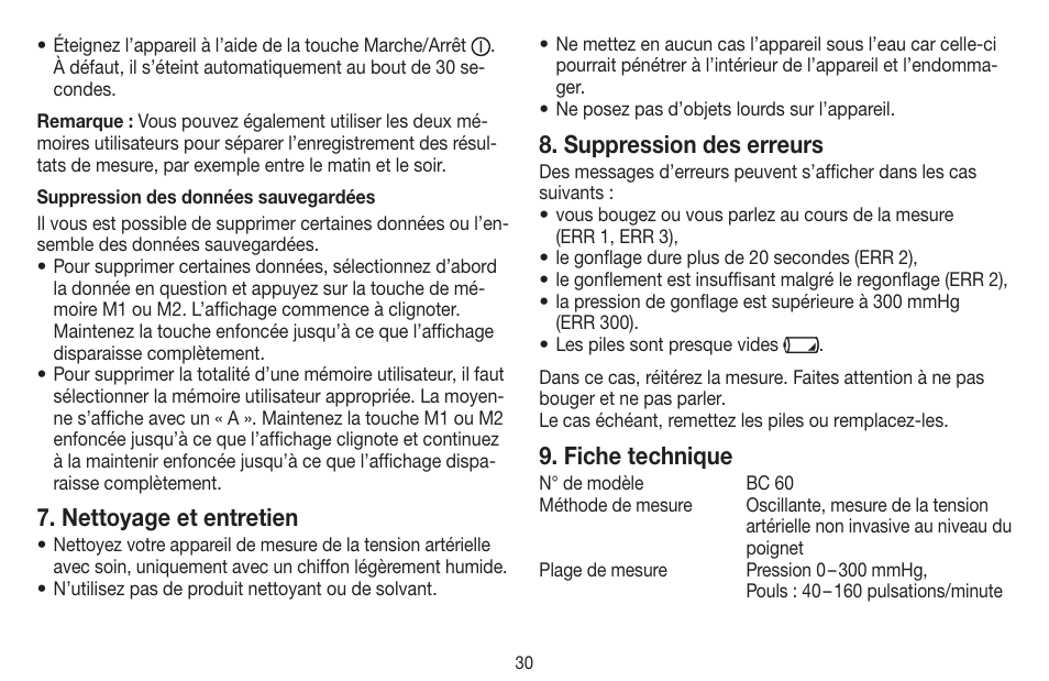 Nettoyage et entretien, Suppression des erreurs, Fiche technique | Beurer BC 60 User Manual | Page 30 / 84
