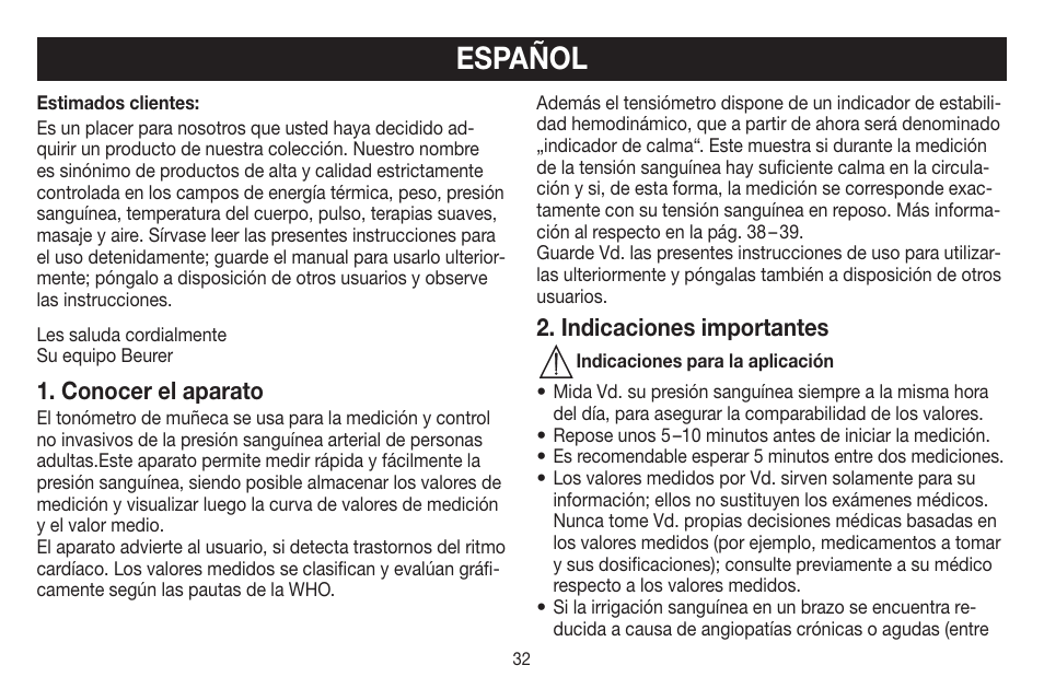 Español, Conocer el aparato, Indicaciones importantes | Beurer BC 60 User Manual | Page 32 / 84