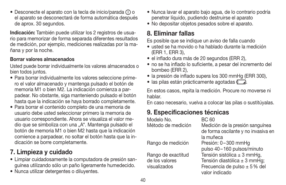 Limpieza y cuidado, Eliminar fallas, Especificaciones técnicas | Beurer BC 60 User Manual | Page 40 / 84