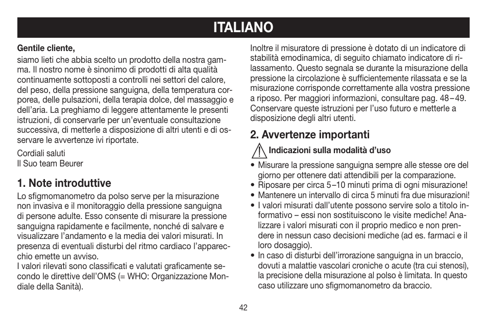 Italiano, Avvertenze importanti | Beurer BC 60 User Manual | Page 42 / 84