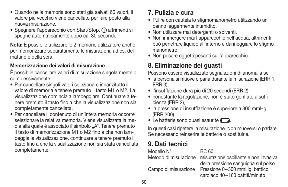 Pulizia e cura, Eliminazione dei guasti, Dati tecnici | Beurer BC 60 User Manual | Page 50 / 84