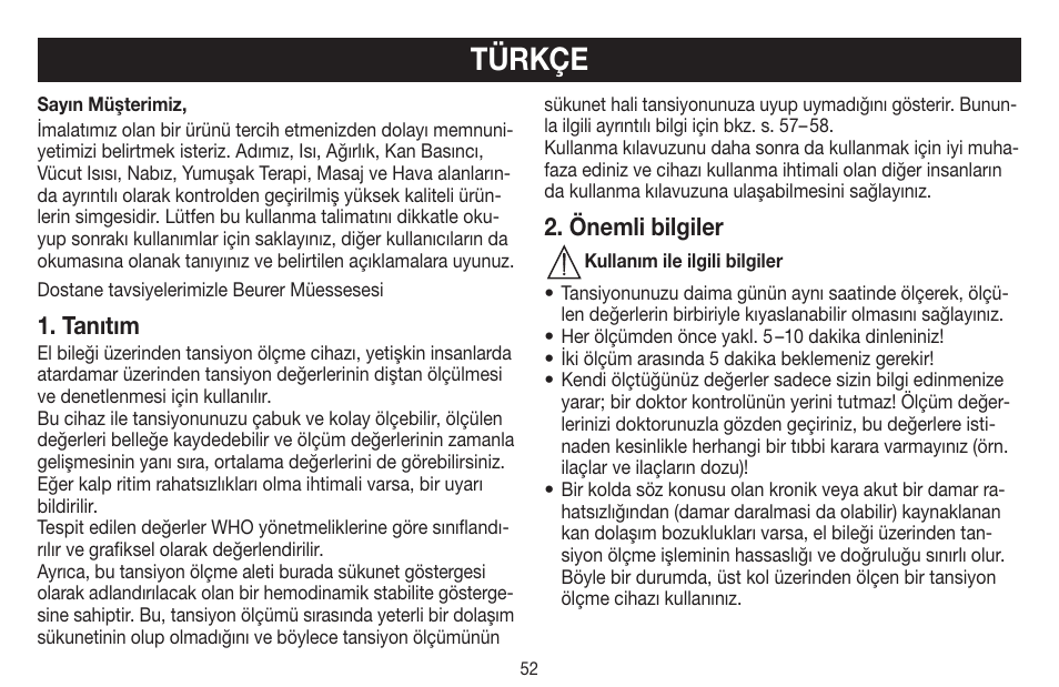 Türkçe, Tanıtım, Önemli bilgiler | Beurer BC 60 User Manual | Page 52 / 84