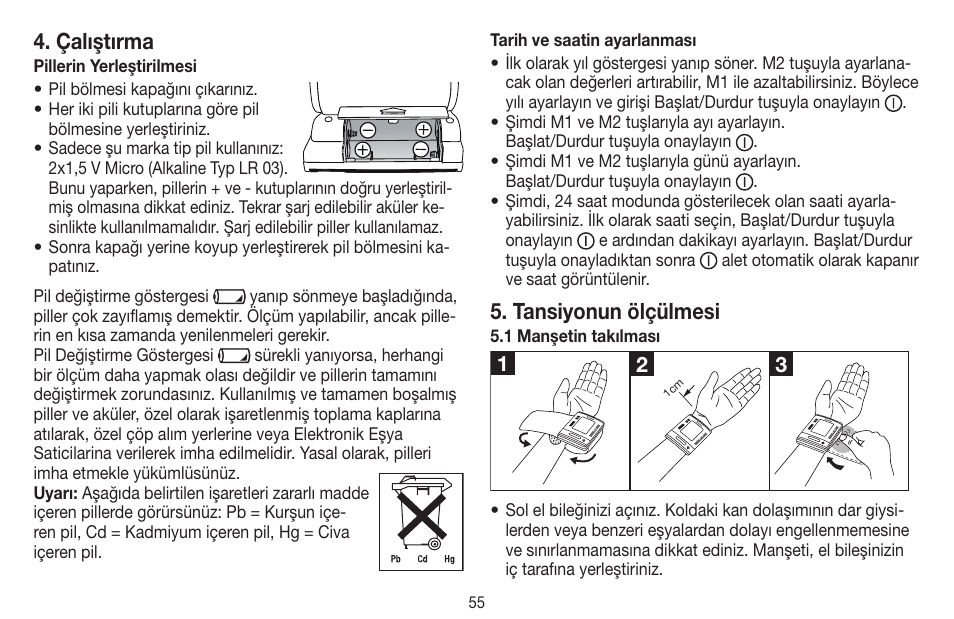 Çalıştırma, Tansiyonun ölçülmesi | Beurer BC 60 User Manual | Page 55 / 84